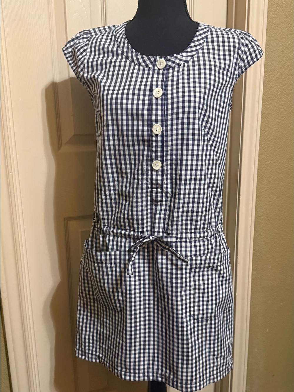 Trending Check J. Crew Factory Navy and White Gingham Tie-Waist Midi Dress